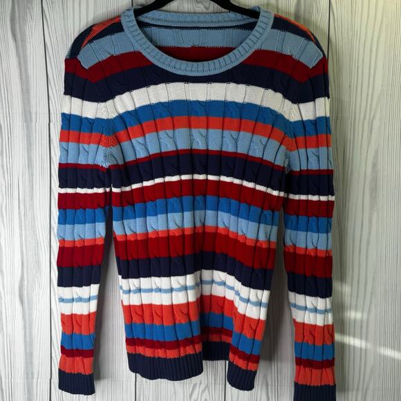 Appleseed's Cable Knit Sweater Striped Primary Rainbow Cotton Size Medium NWOT - Picture 2 of 7